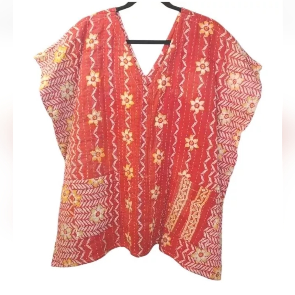 Kantha Patchwork Kimono V-neck Poncho Top Colorful Patch Pockets Woman O/S 134W